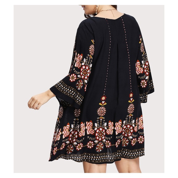 Dark Blue Flower Print 3/4 Sleeve Tunic Dress - Picture 2 of 5